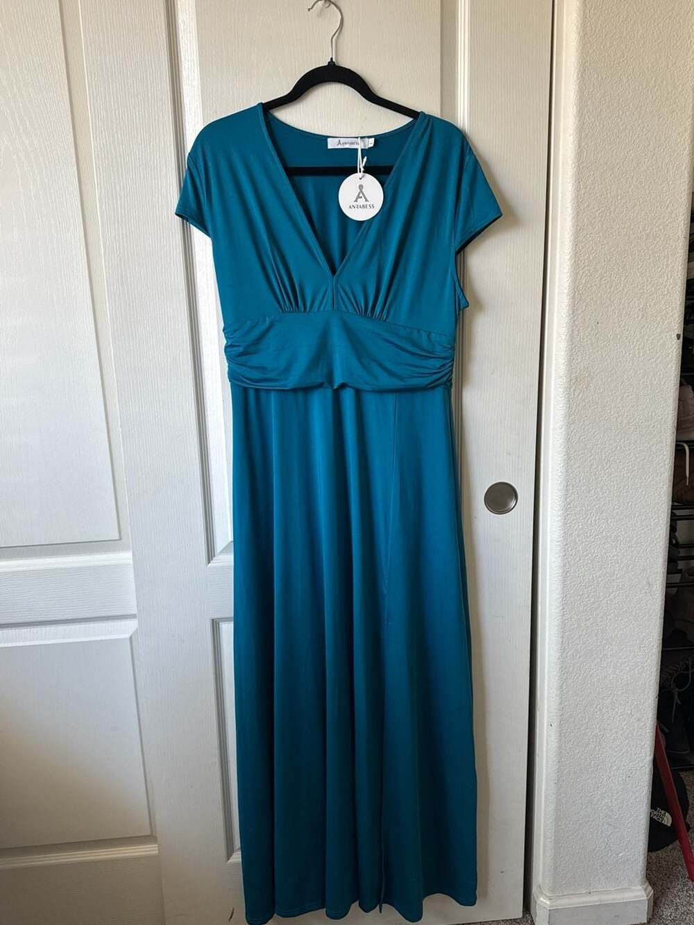 ANRABESS Teal Maxi Dress Women's Large V Neck Empire Waist Slit Boho NWT